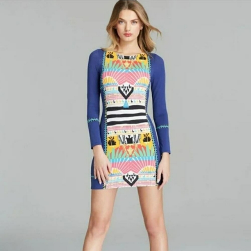 Mara Hoffman New Navy Sunrise Print Llama Long Sleeve Bodycon Dress Size Med New